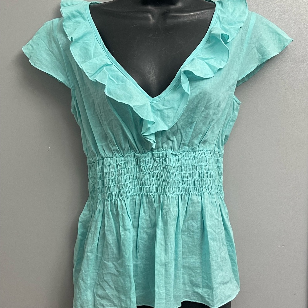 The Limited Aqua Ruffle V-Neck babydoll empire waist Blouse